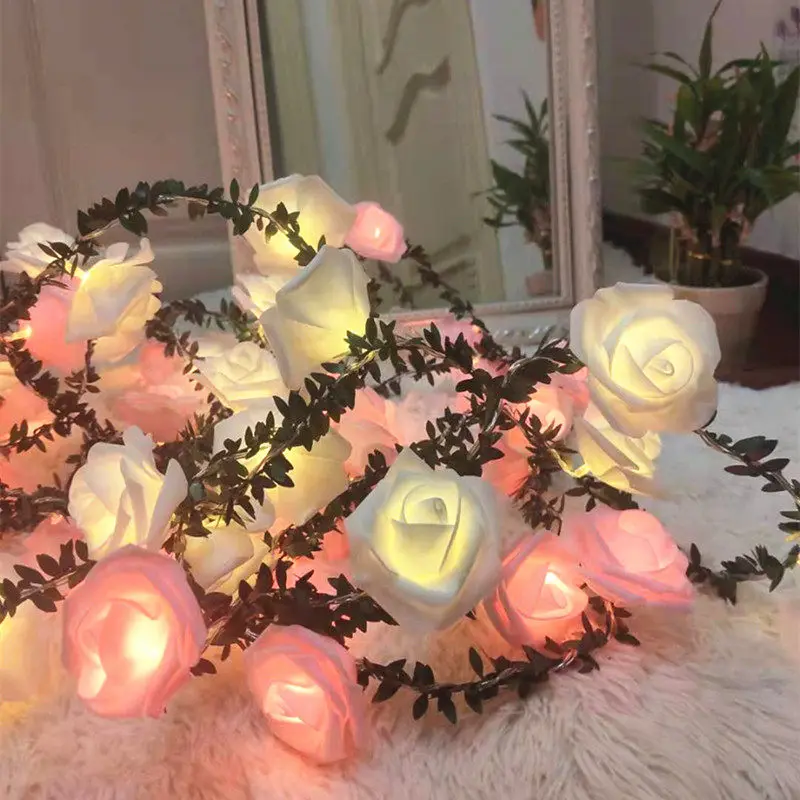 LED Rose Vine String Lights – Battery/USB Powered, Artificial Pink Roses, Ambient Room Lighting