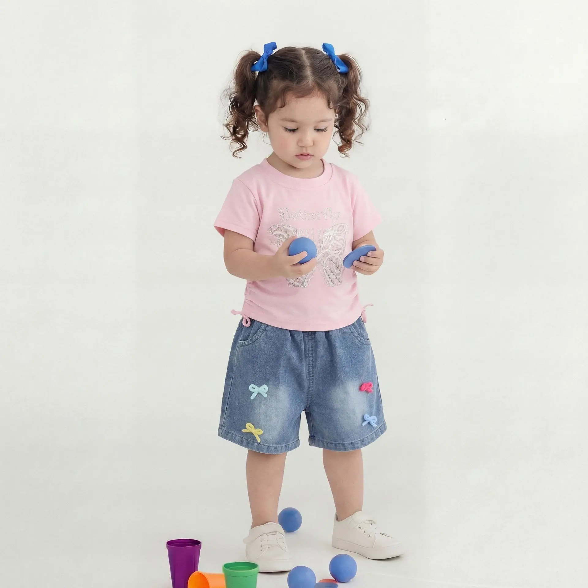 

Summer Toddler Baby Girls Cotton Sequins Applique Crystal Inlay Shirt+Jeans Shorts Set Kids 2PCS Tracksuit Children Outfit 1-6Yr