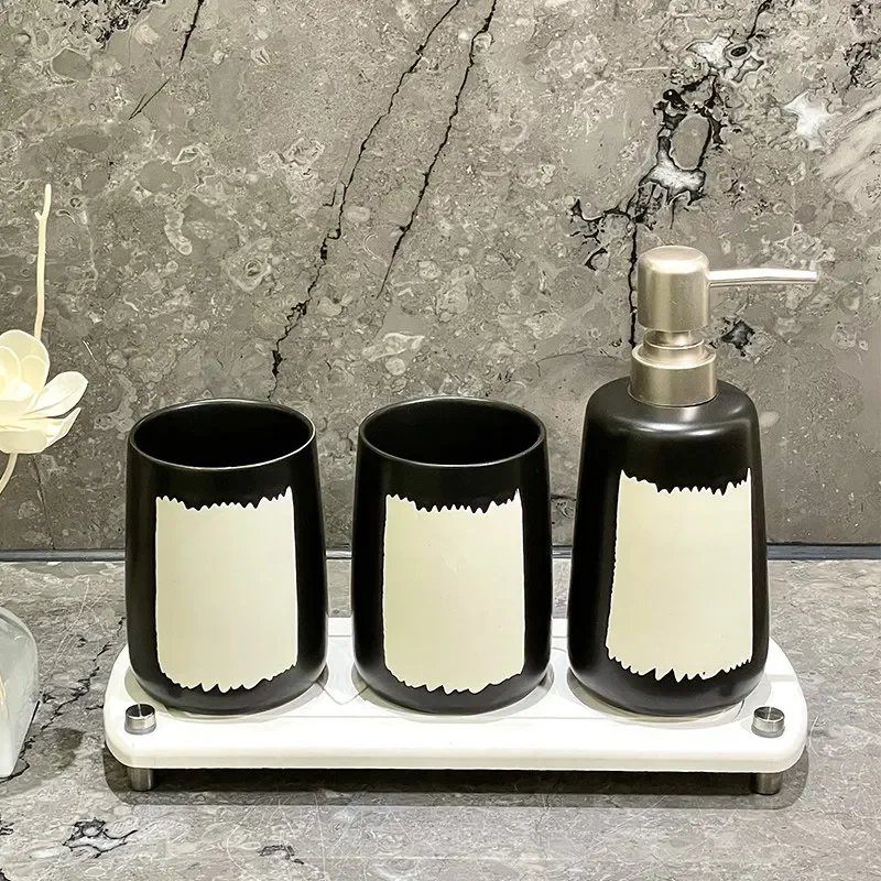 Black-and-white Ceramic Bathroom Set Soap Dispenser Tumbler with Tray Home Decoration Tooth Cup Emulsion Bottle Mouthwash Cup