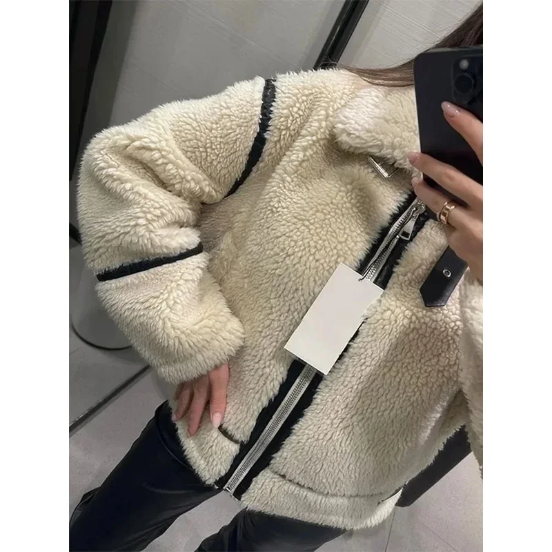 Women Faux Teddy Fur Jackets Long Sleeve Stand Collar Zipper Coats Fall Winter Fake Fur Teddy Jacket Street Motorcycle Bike Wear