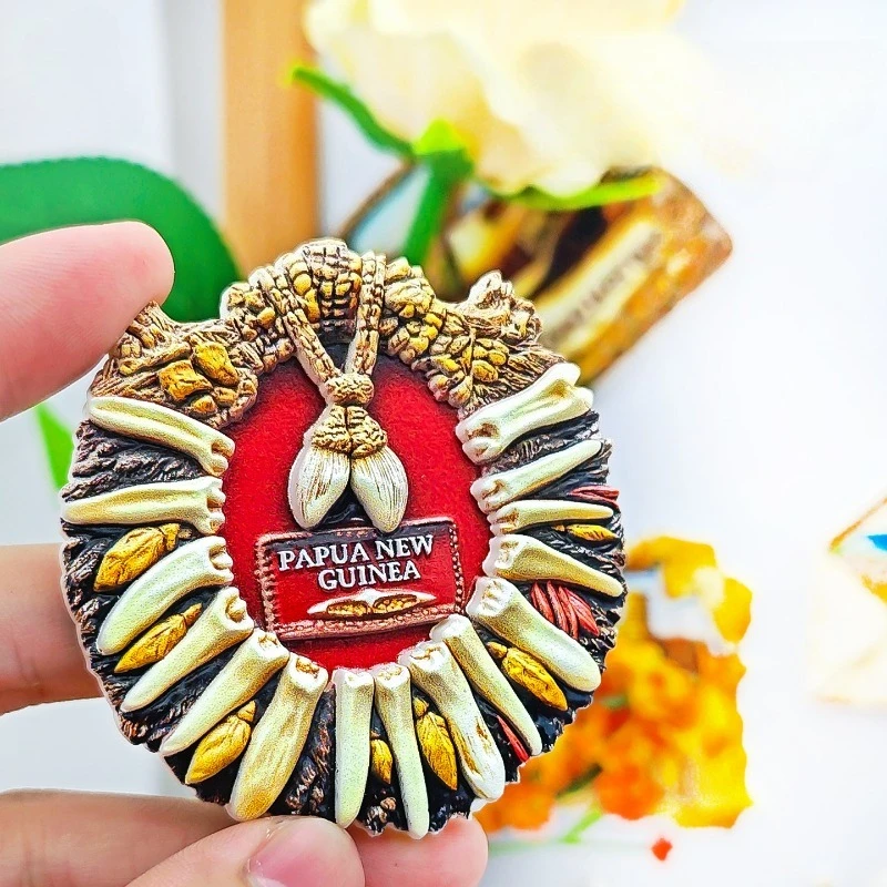 بابوا غينيا الجديدة القبلية قلادة مغناطيس الثلاجة - ثلاثية الأبعاد الفن الأصلي تذكارية قذيفة وديكور ريشة هدية المحيط الهادئ الفريدة