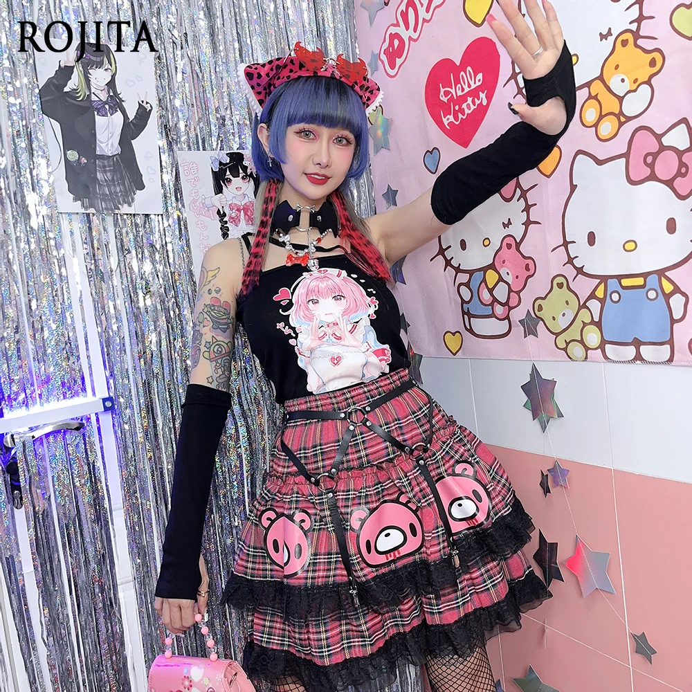

Japanese Harajuku Cartoon Bear Printing Double Layer Cake Skirt Y2K Spice Girl Cake Skirts Rose Red Sweet Plaid Skirt with Belt