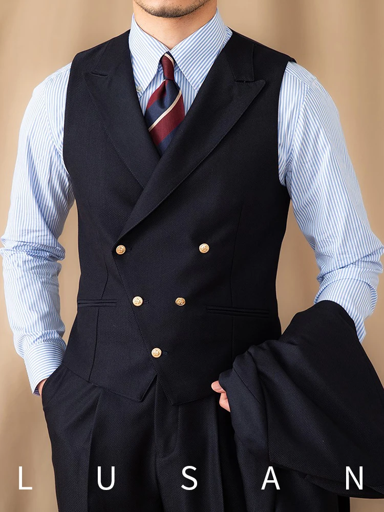High-End Banquet Men's Suit Vest British Blue Sleeveless Top Double Breasted Vest