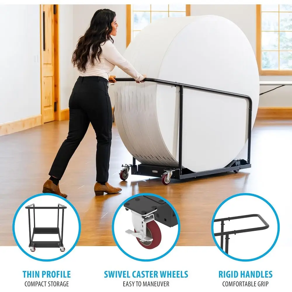 黒色スチール製ローリングテーブルカート、レコール10ラウンドテーブル11台収納可能、耐久性のための粉体塗装