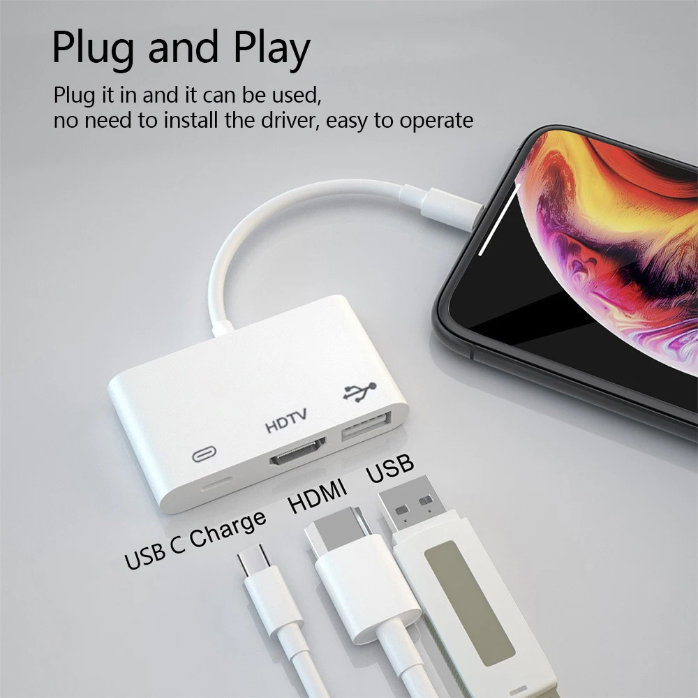 3 in 1 Lightning to HDMI Adapter, USB 3.0 Port & USB-C Charging Port Compatible for MacBook Pro iPad Air iPhone 14 13 12