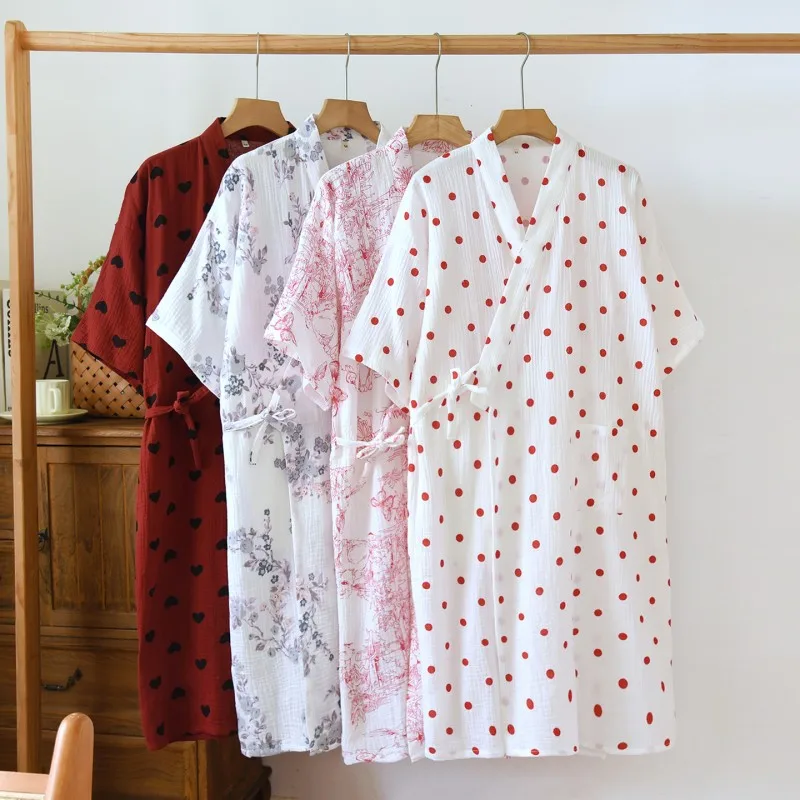 Bata de Verano para Mujer, 100% Algodón Crepé, Bata de Baño Femenina, Dulce Bata de Manga Corta, Ropa de Casa Estilo Japonés