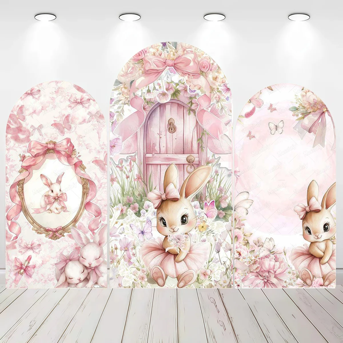 Rabbit Baby 1st Birthday Arch Backdrop Cover Pink Dress Floral Bowknot Sweetheart Girl's Party Decor Photo Photographic Props