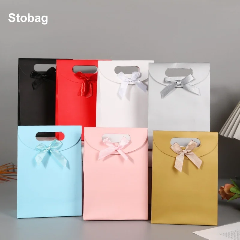 

StoBag 12pcs Flipped Bow Color Kraft paper Gift Tote Box Packaging for Cake Candy Storage Baking Pouch Birthday Party Favor