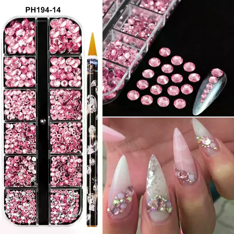 12 شبكة دائرية مسطحة القاع مسمار حجر الراين AB مع قلم حفر تألق مجوهرات ملونة مسمار سحر DIY بها بنفسك