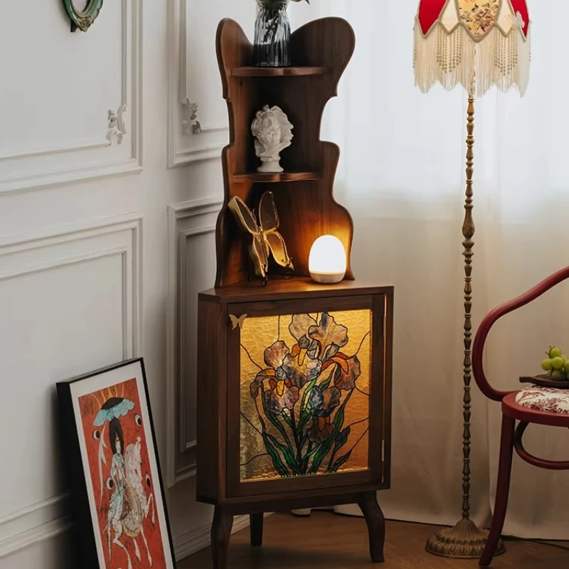 

Corner Cabinet Black Walnut Solid Retro Locker Storage Living Room Corner Triangle
