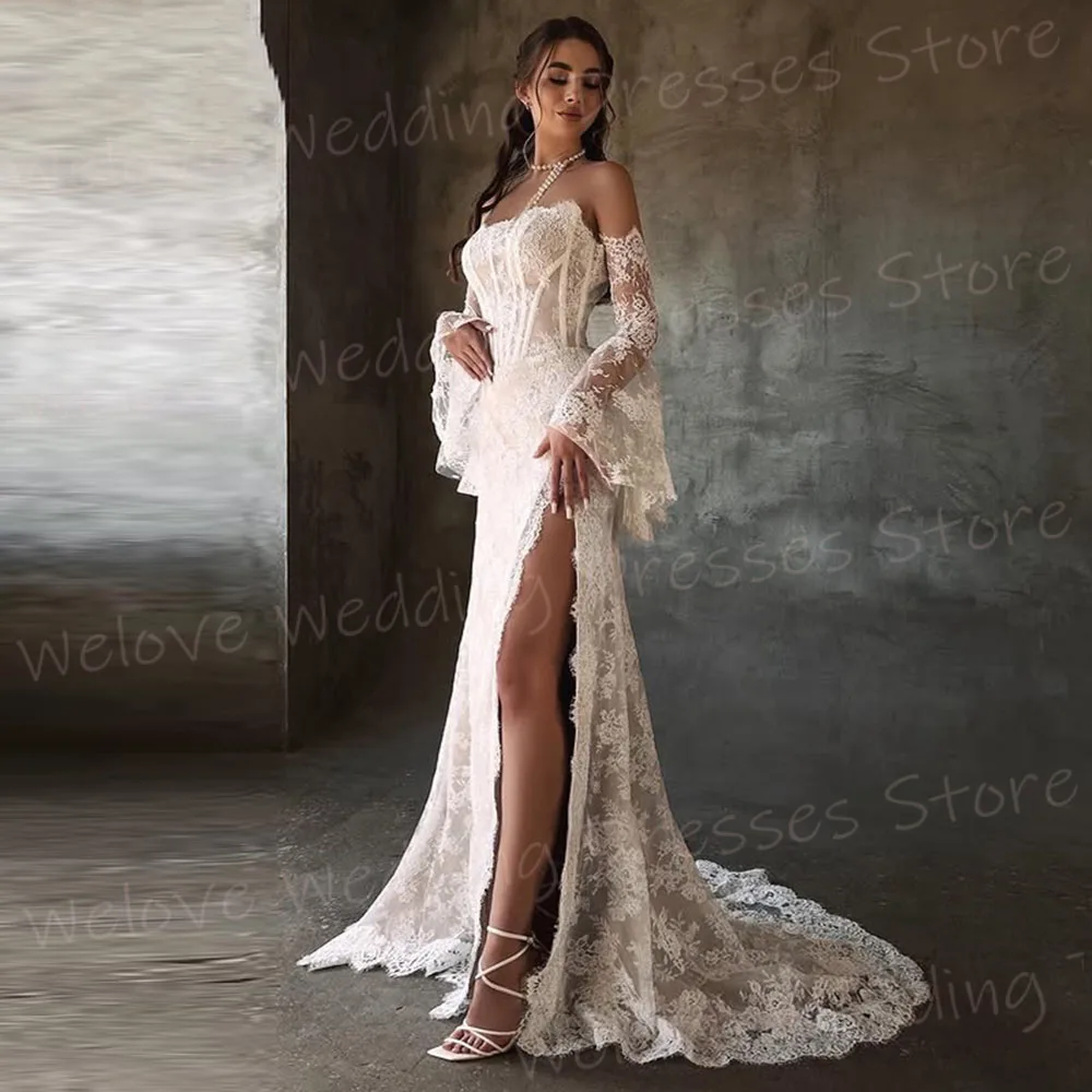 

Luxurious Sexy Mermaid Women's Wedding Dresses Long Sleeve Lace Robe De Mariée Customized Bride Gowns Side Slit Vestido De Novia