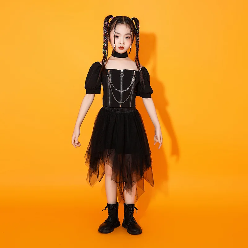 Set pakaian kostum anak perempuan, pakaian dansa Jazz Anak leher persegi hitam lengan pufly, atasan Crop ritsleting, Choker rok kasa untuk anak perempuan