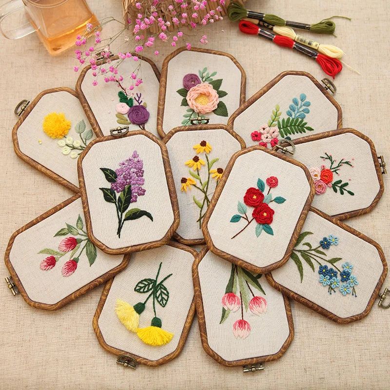 Octagonal Embroidery Hoop Kit-DIY Lu & Su Style Floral Patterns with European Designs Complete Needlework Set for Beginners
