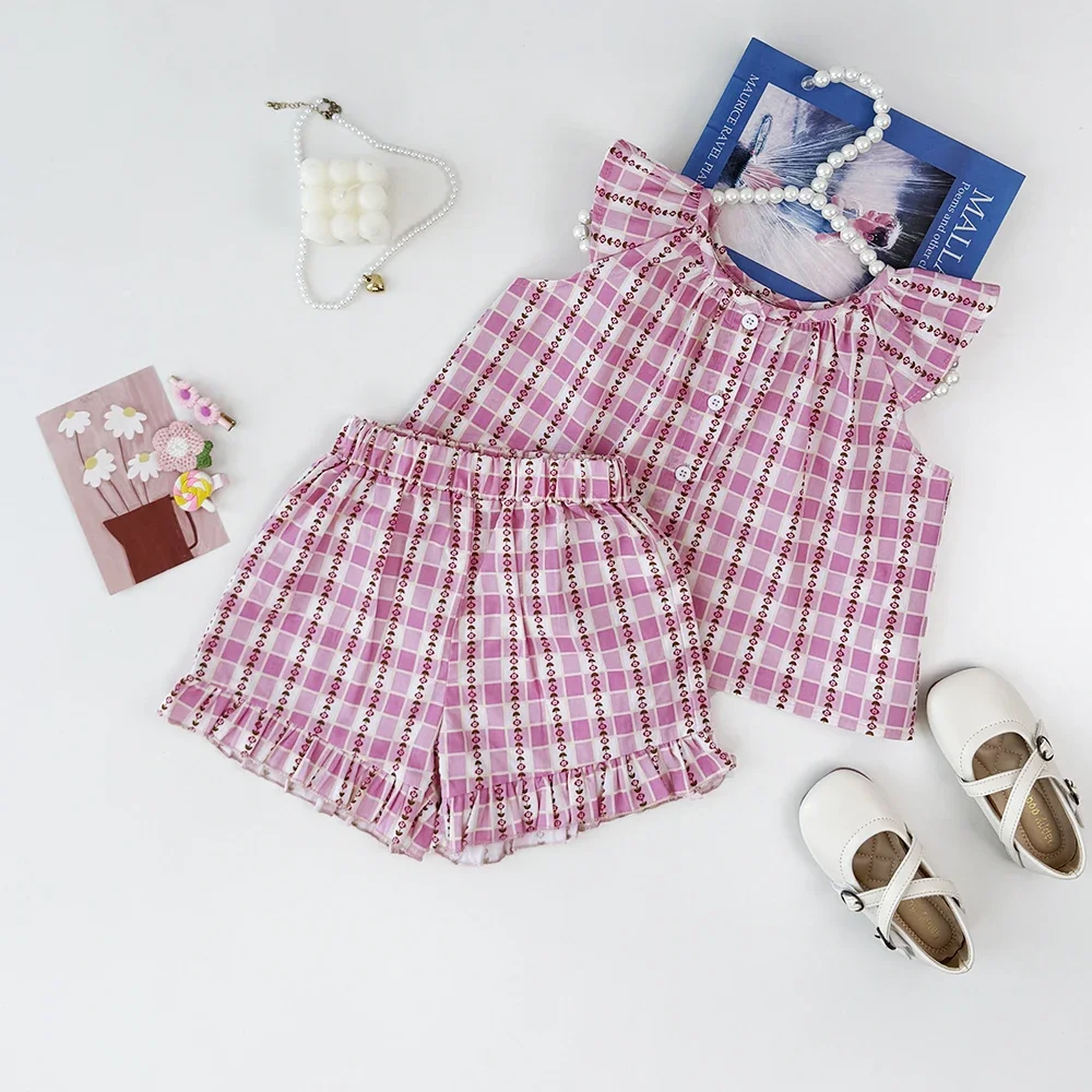 

2025 Summer New Kids Clothes Pink Sweet Checkered Printed Girls' Set Sleeveless Single Breasted Top+Shorts Casual 2 Pcs Set