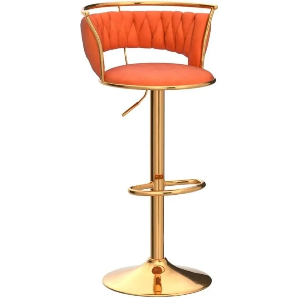 Bar Stools Set of 2, Velvet Adjustable Height Bar Stools Low Back Kitchen Island Counter Bar Chair with Golden Base, Orange