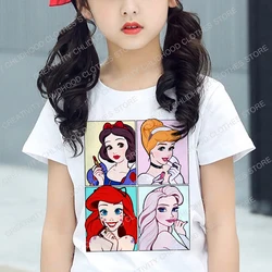 Summer Disney Princess T-Shirt Children Ariel Snow White Girl Anime Kawaii Kid Cartoons T Shirts Casual Clothes Boy Short Sleeve