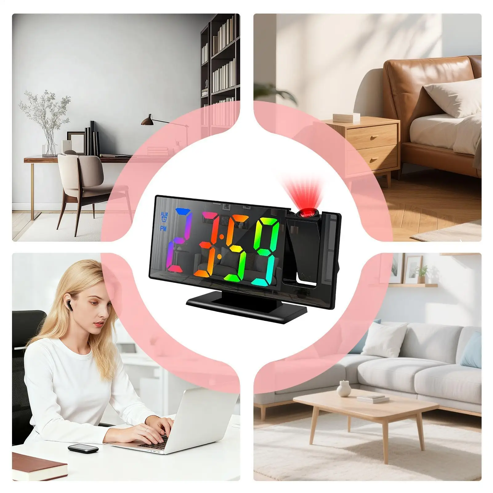 USB Powered Digital Alarm Clock 180 Arm Projection Alarm Clock Time Temperature Snooze Table Clock 12/24H Projector LED Clock