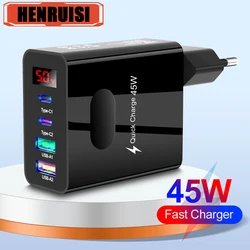 45W Digital Display Charger 4 Ports Fast Charging QC3.0 For iPhone Pro Max Samsung Xiaomi Huawei EU/US/UK Plug Travel Charger