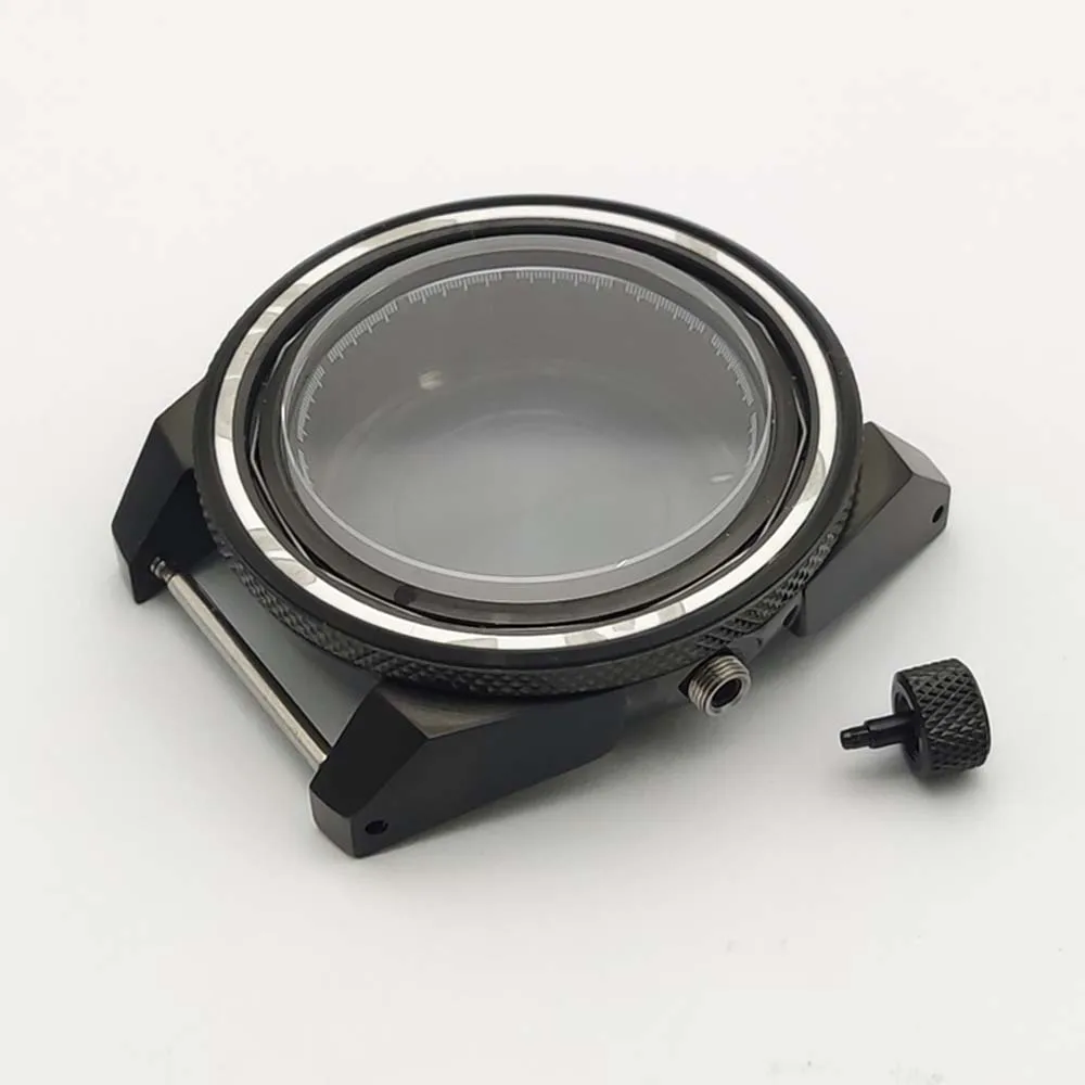 هيكل أسود من الفولاذ المقاوم للصدأ، ساعة غوص 43 ملم، أجزاء ساموراي معدلة، لعيار NH35، NH36، قرص 28.5 ملم، كريستال الياقوت