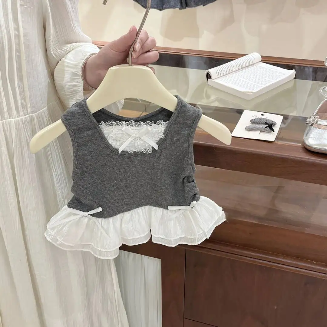 Girls' Set 2026 Summer New Children's Lace Splicing Flower Bud Shorts Two Piece Set