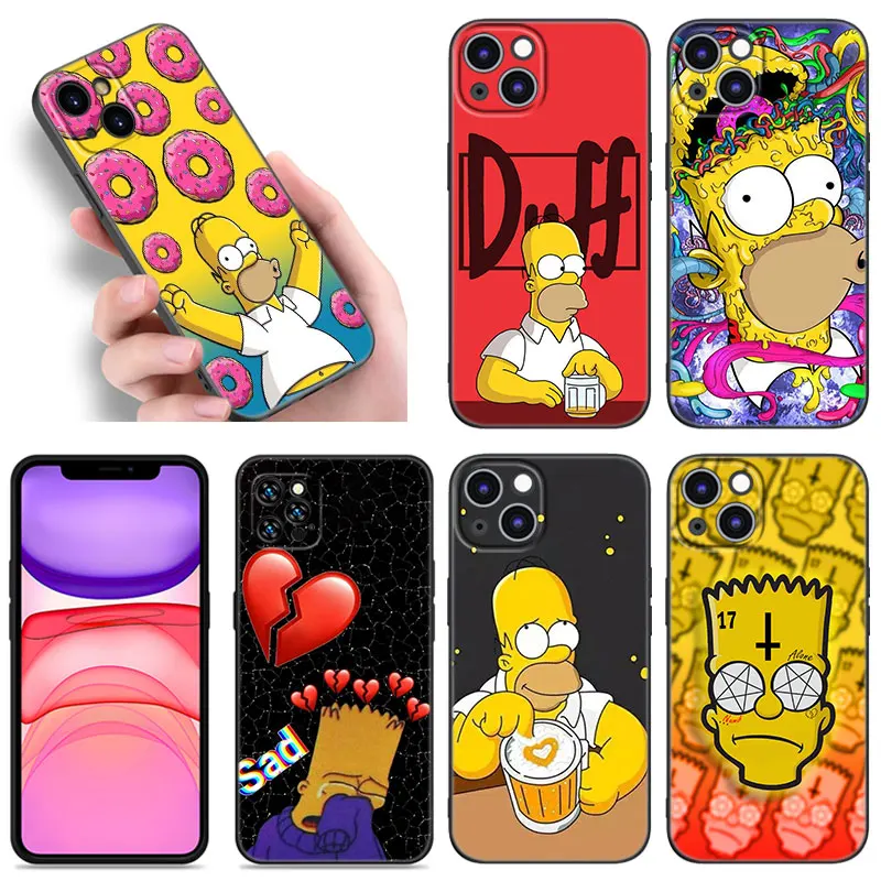 Homer Simpson-Family Black Silicone Phone Case For Apple iPhone 12 13 Mini 11 14 15 16 Pro Max 7 8 Plus