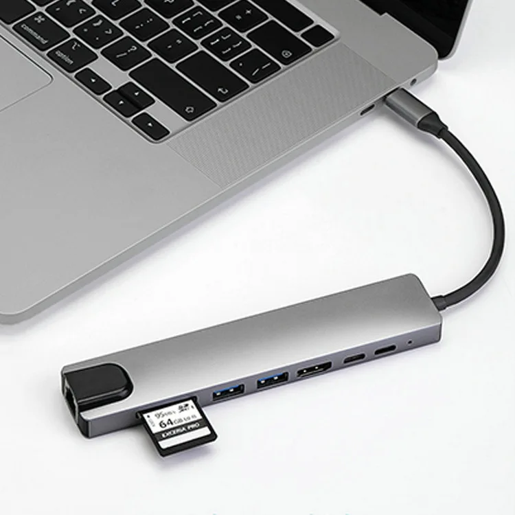 5PCS 8-in-1 Type-C Multi-Port Docking Station Hub Dengan USB 3.0 SD HDTV USB3.0 PD TF RJ45 Untuk Macbook Resolusi 4k Adaptor Stok