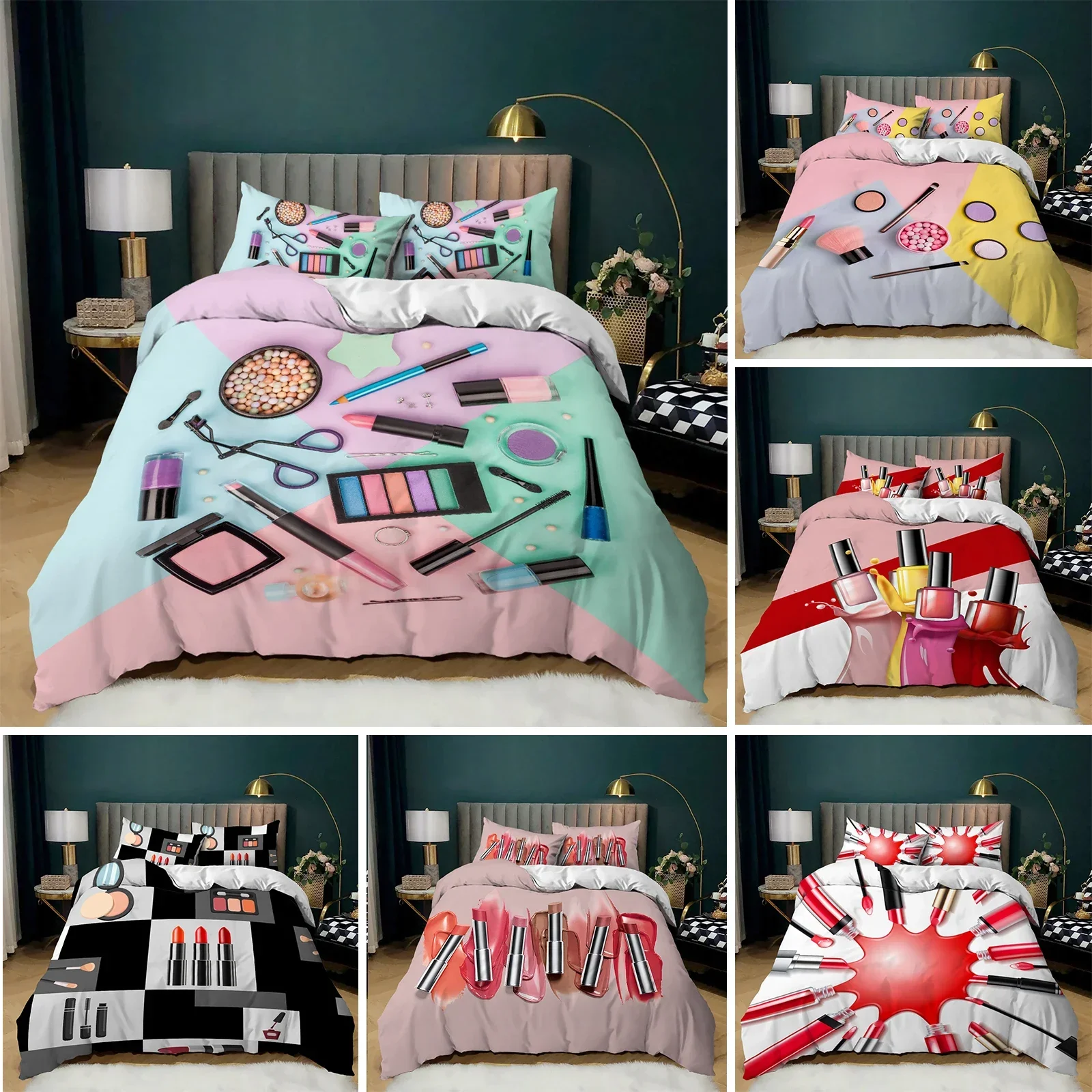 Cosmetic Duvet Cover Set King Size Makeup Theme Bedding Set Lipstick Mascara Eye Shadow Modern Soft Microfiber Comforter Cover