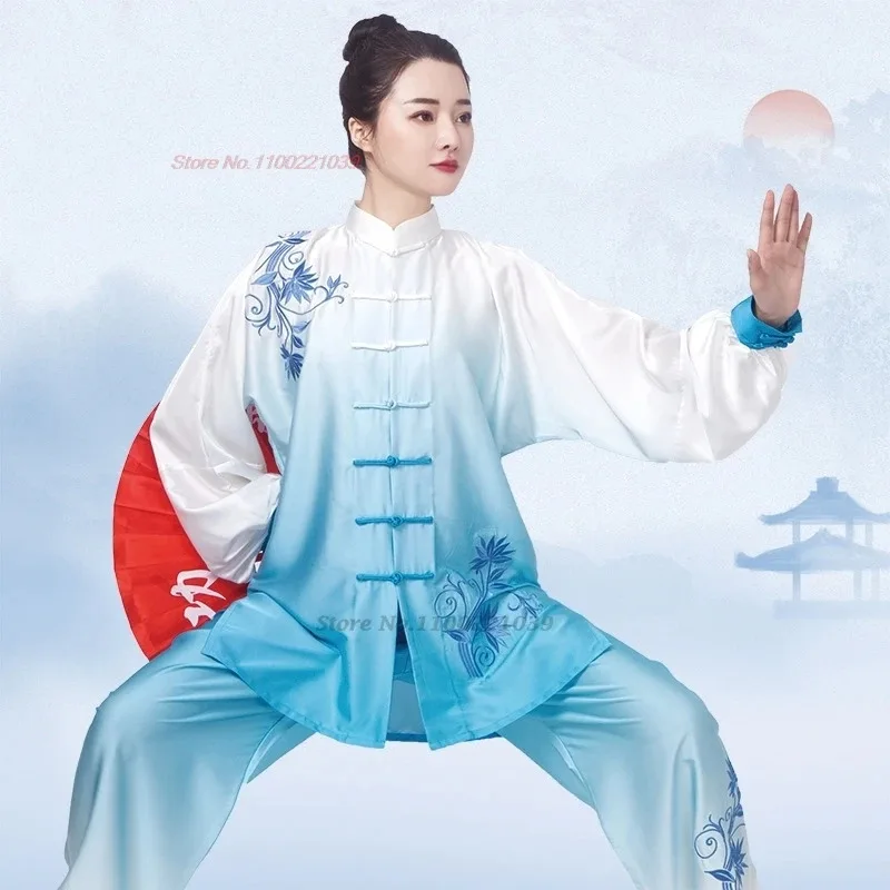 

2025 chinese tai chi wushu uniform satin flower embroidered kung fu suit taijiquan martial arts wingchun morning practice suit