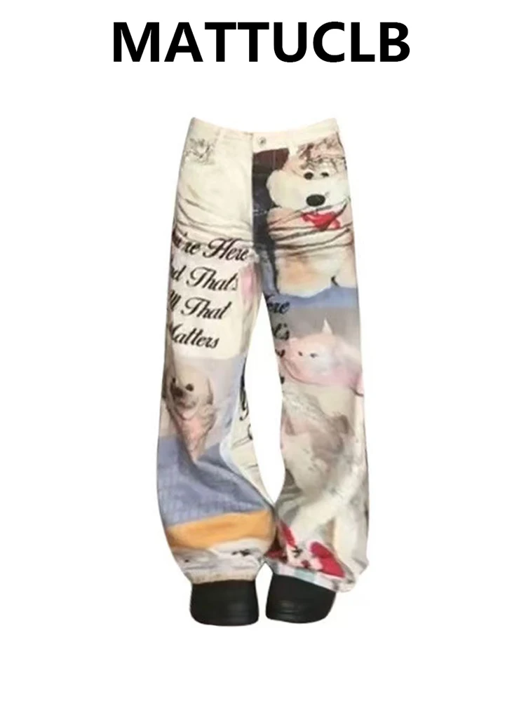 

Women's Baggy Jean Denim Pants Cartoon Print Wide Fit Korean Cute Core Y2K Japanese Harajuku 2000s American Retro Grunge Tide