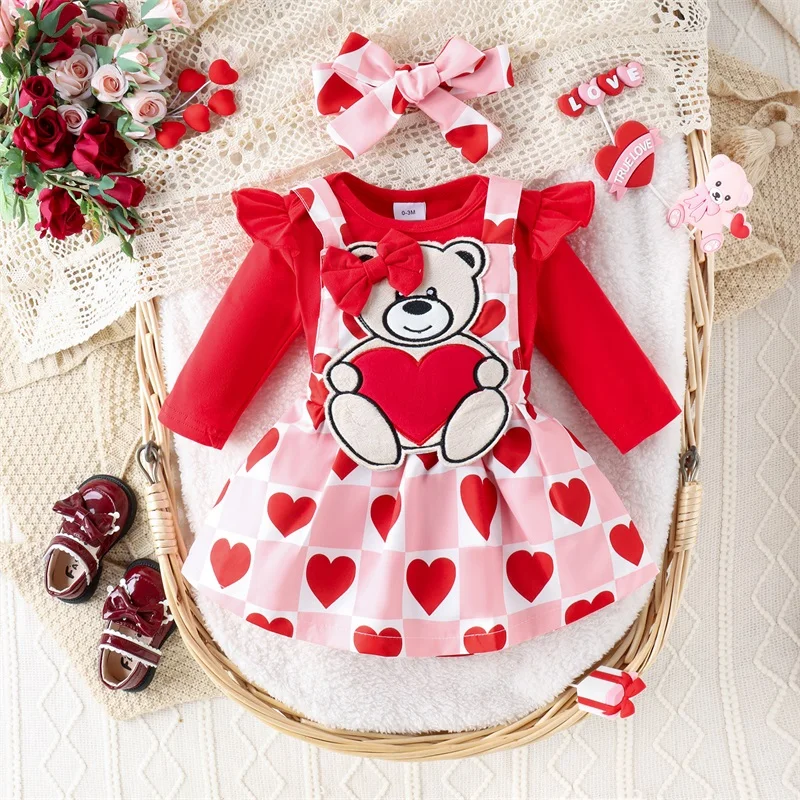 

2023-11-09 Lioraitiin 0-18M Newborn Baby Girl Long Sleeve Heart Printed Romper Ruffle Suspender Skirt Set Valentine's Day Outfit