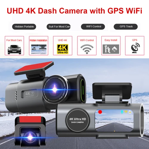 Imagen 2 del producto Cámara de salpicadero de doble lente, grabación 4K UHD, cámara de coche DVR, grabadora de vídeo de visión nocturna, compatible con GPS, Wi-Fi, cámara de visión trasera con caja negra