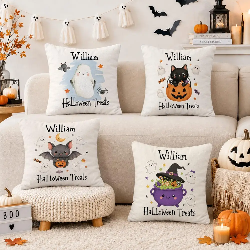 Kids Halloween Ghost Cushion Cover Short Plush Double Sided Printed Soft Pillow Case Home Sofa Decor Festival Gifts