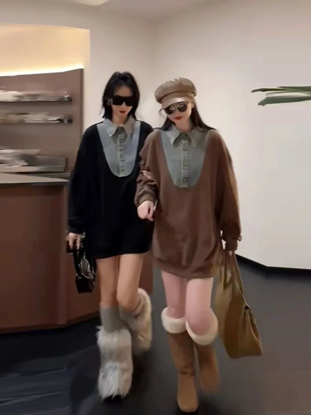 

Korean Style Oversized Collar Denim Patchwork Sweatshirt Long Sleeve Mid-Length Casual Top for Young Women