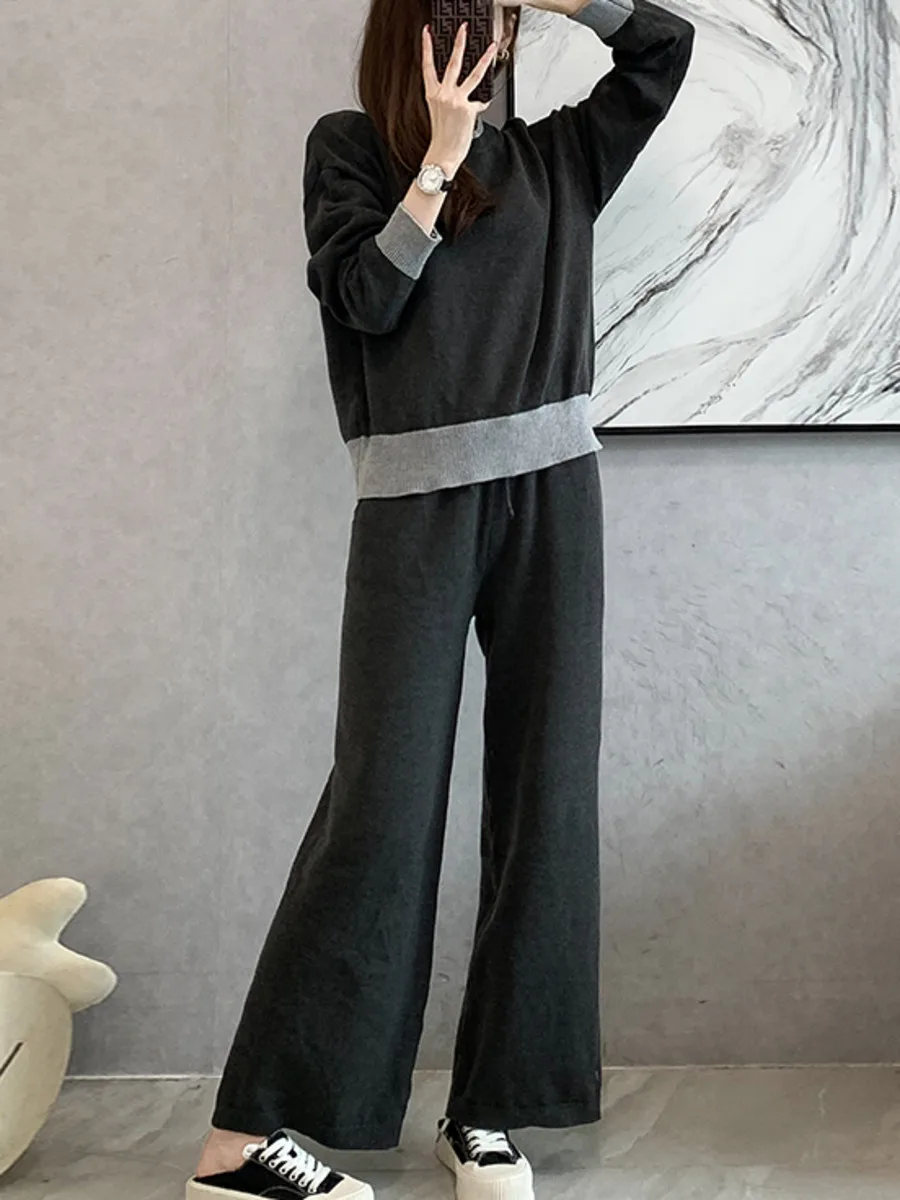 Knitted Wide-Leg Pant Suit Autumn Winter Warm Two Piece Sets Women Woolen Sweater Tracksuits Long Straight Trousers Outfits