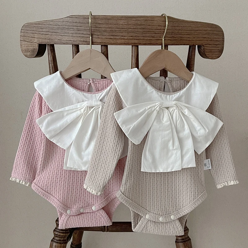 

0-24M Spring Fall Newborn Baby Girls Romper Big Bow Princess Infant Cotton Ruffle Jumpsuit Soft Long Sleeve Solid Color Clothing