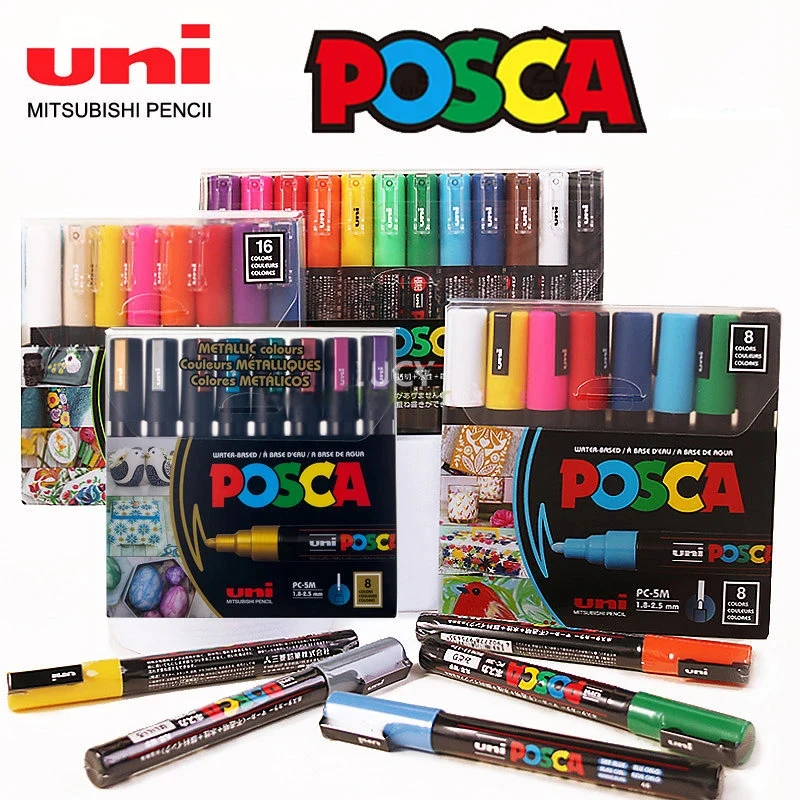 Uni Poscas Acrylic Full Set Marker Pens Permanent Paint Pen PC-1M/3M/5M Storage Bag Art Stationery Poster Advertising Graffiti