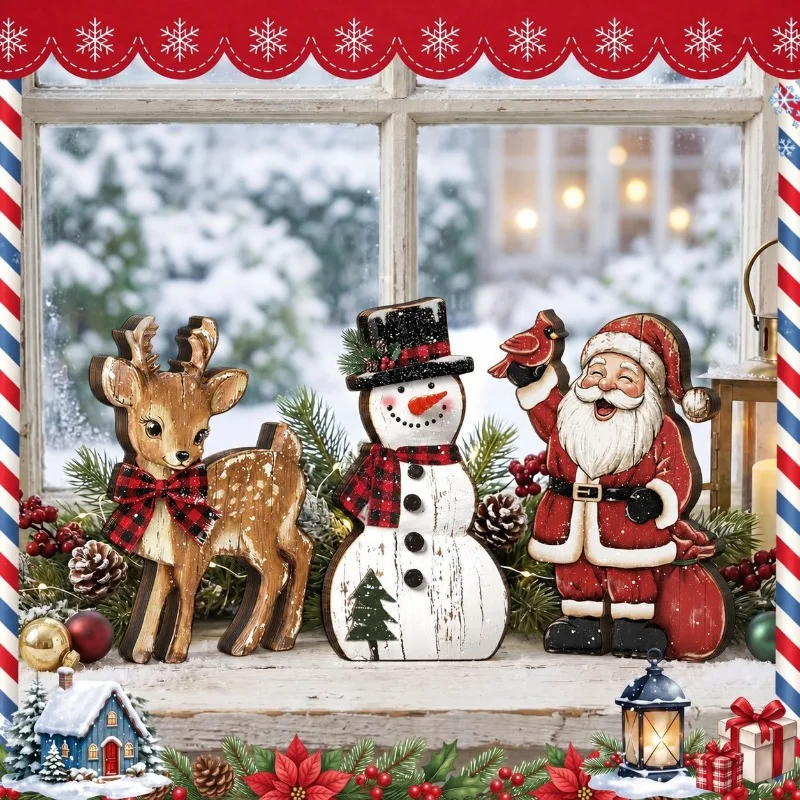 Vintage wooden Christmas ornaments, Santa Claus snowman reindeer desktop windowsill fireplace home decoration party supplies