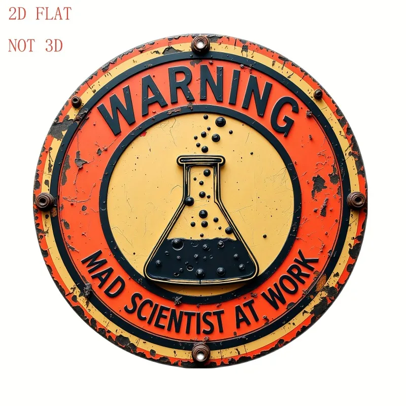 8-Inch Vintage Mad Scientist Warning Sign – Round Aluminum Wall Decor with Chemical Flask Design