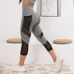 Mesh High Waist Yoga Pants Capri Leggings with Pockets for Women Tummy Control Workout Capri Leggings for Women