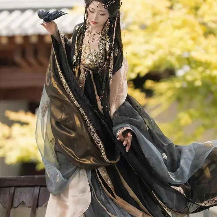 

Shanhai, новый комплект принцессы Ханфу для тяжелой промышленности, королевская высокость, черный и красный, великолепный комплект в стиле Тан, вышитый плащ с большими рукавами