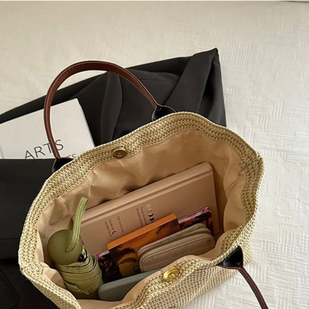 

Cute Beach Handbag Straw Woven Bag Large Capacity Bucket Bag Bohemian Beach Bag Letter Shoulder Bag Holiday