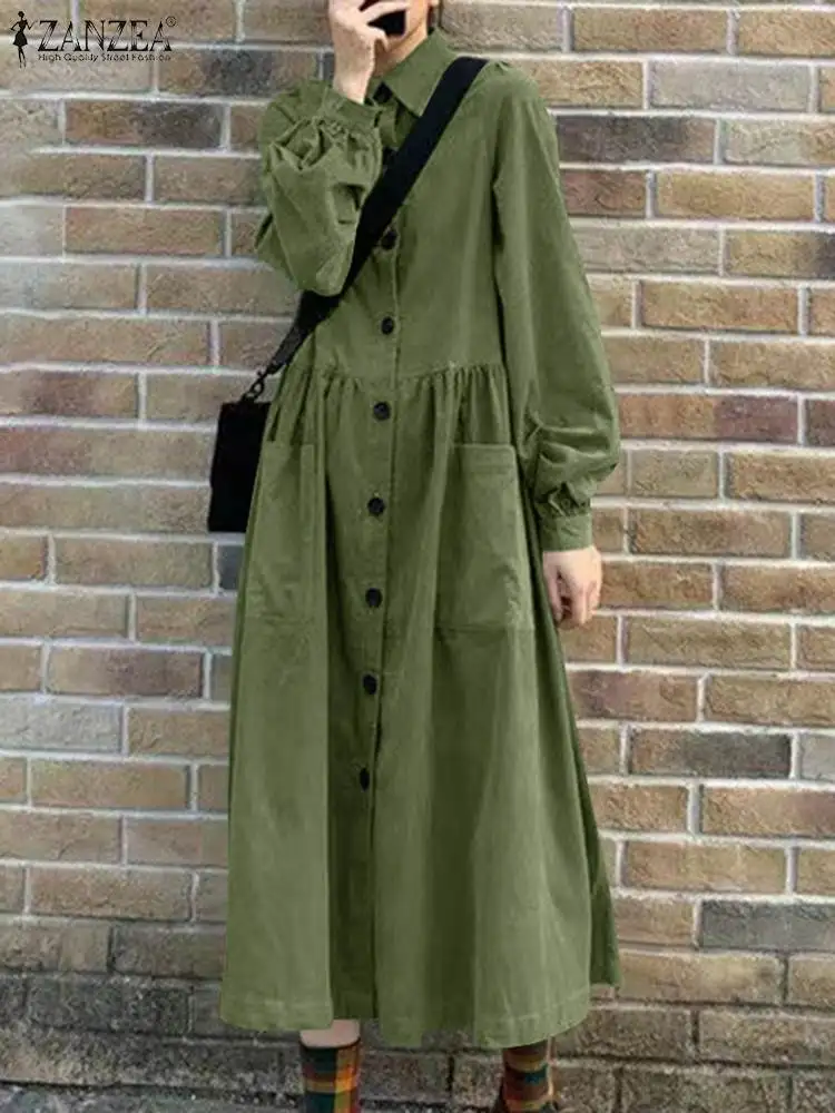 Fashion Corduroy Oversized Vestidos ZANZEA Vintage Solid Maxi Dress 2024 Spring Lapel Pockets Sundress Retro Buttons Pleats Robe