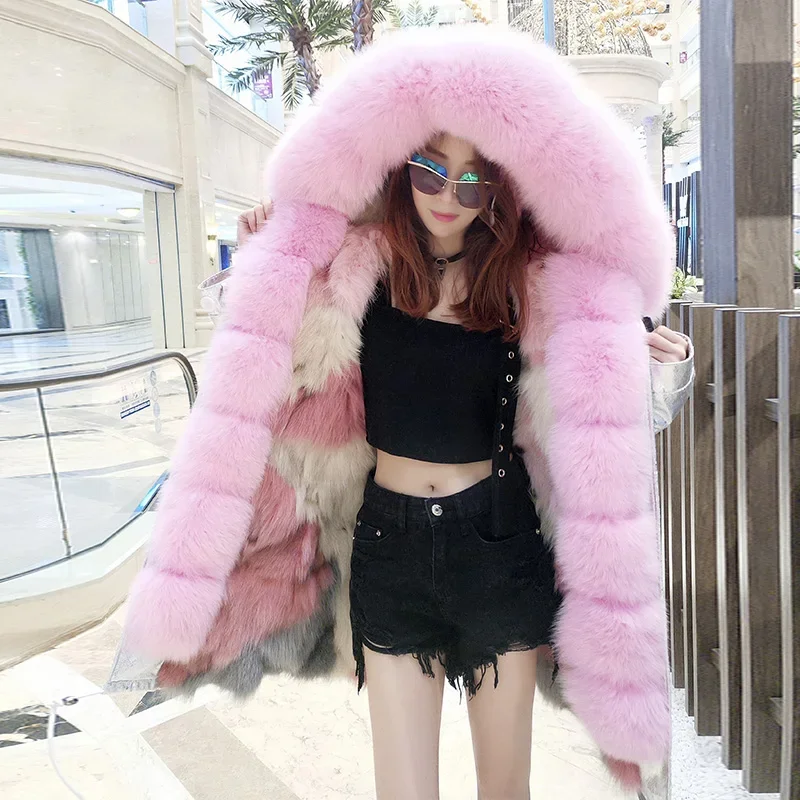 

New style Thick Warm Loose Detachable fox fur liner large raccoon fur collar bright silver to overcome the jacket female