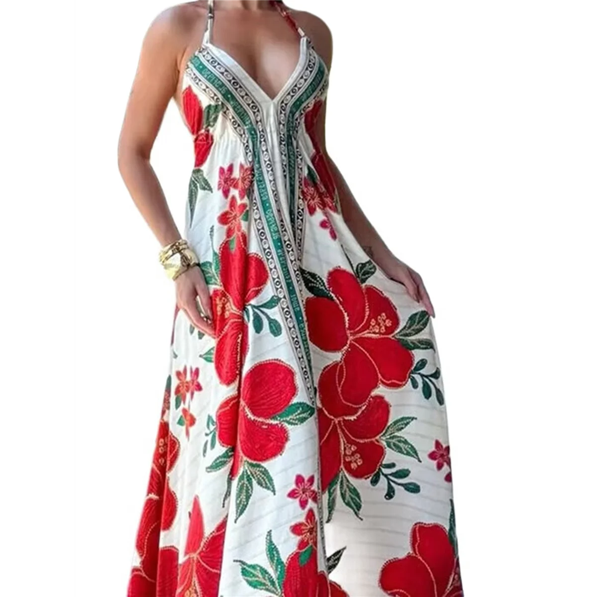 CYL-Women Boho Halter Floral V الرقبة بلا أكمام فضفاضة تناسب عارية الذراعين غير النظامية هيم فستان عطلة طويلة #4