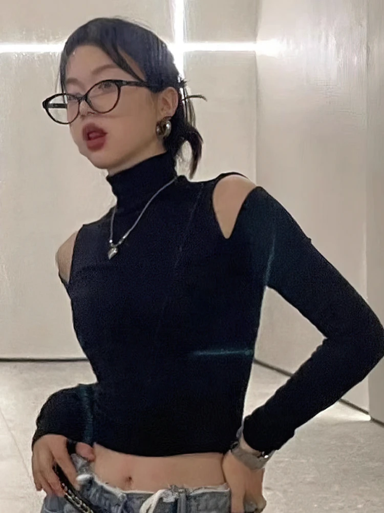 

Y2k Vintage Turtleneck Falls Long sleeve T shirt Women Sexy Off shoulder Basic Tops Korean Fashion Crop Top Lady Black Tees