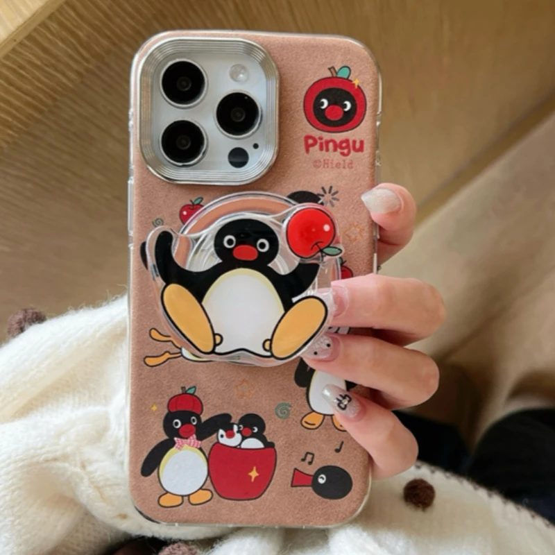 

Kawaii Penguin Magnetic Stand Phone Case For iPhone 16 15 13 14 Max 12 ProMax Cover with Magsafe Holder leather Protective Cases
