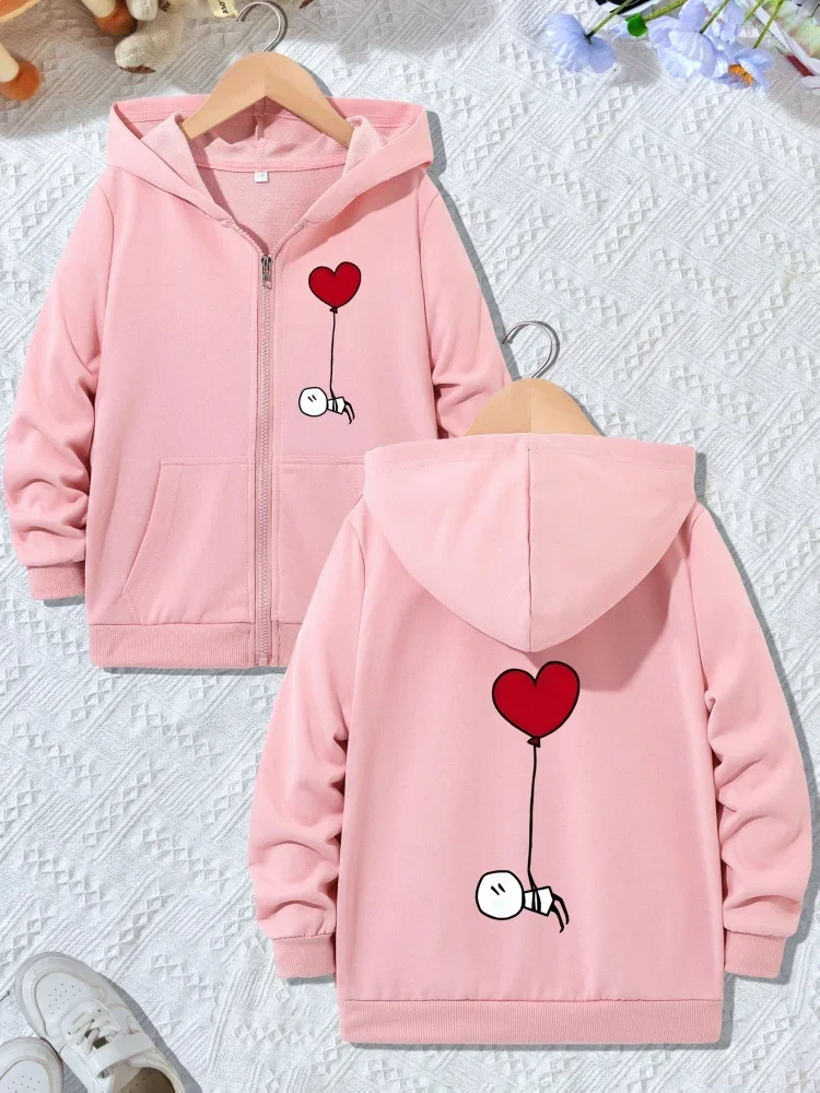 Childrens Zip Hooded Jacket Minimal Cartoon Heart Balloon Character Graphic Front And Back Print Long Sleeve Casual Sweet Coat