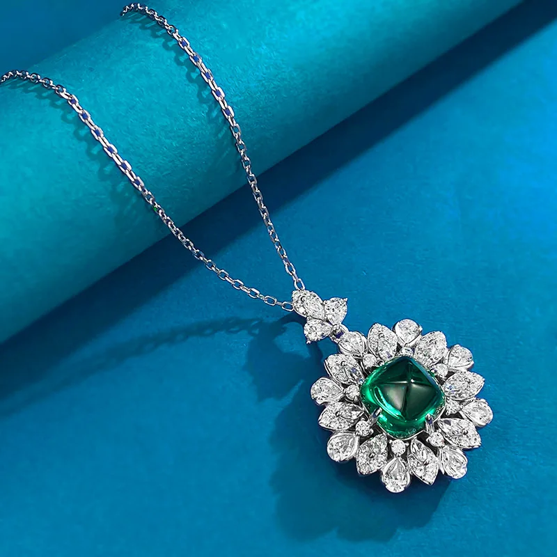 

New S925 Silver Imitation Emerald 10 * 10 Sugar Tower Necklace Pendant for Women's Light Luxury Fashion