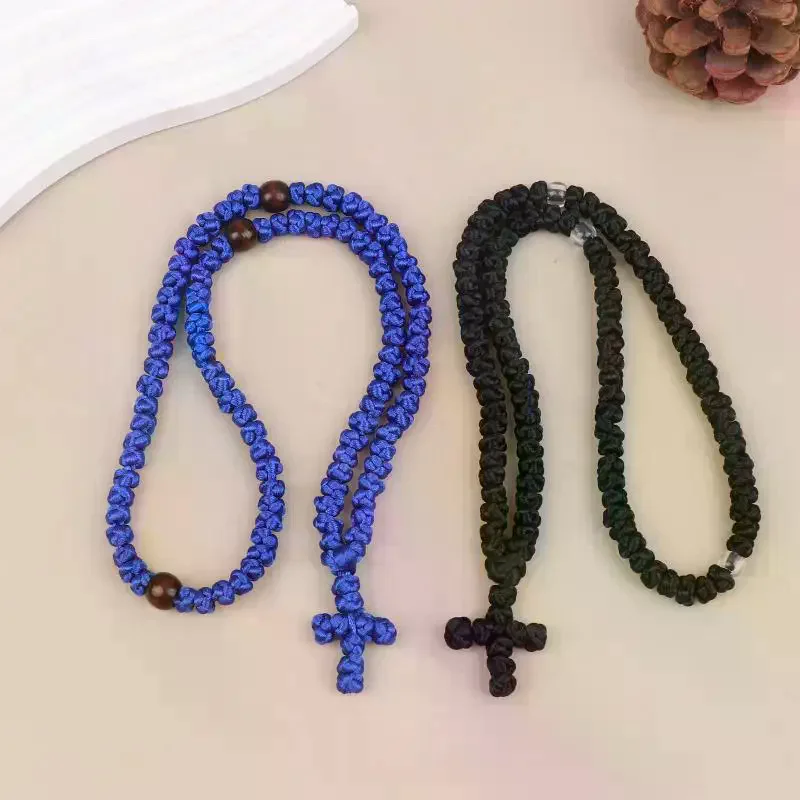 /HTF/Black/Blue Komboskini Knot Necklace Handmade Orthodox Religous Rosary Prayer Rope Cross Jewelry Gift