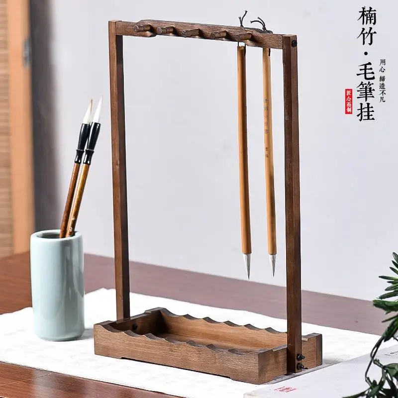 Creative brush hanging pen holder, four treasures of study, antique solid wood and bamboo brush holder